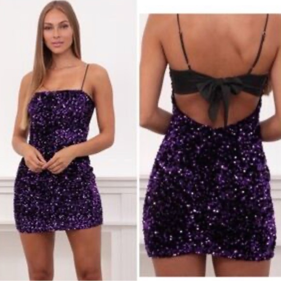Lucy in the Sky Purple Sequin Mini Dress with Black Bow - Picture 1 of 5